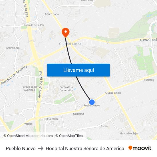 Pueblo Nuevo to Hospital Nuestra Señora de América map