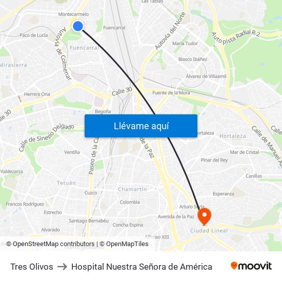 Tres Olivos to Hospital Nuestra Señora de América map