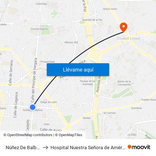 Núñez De Balboa to Hospital Nuestra Señora de América map