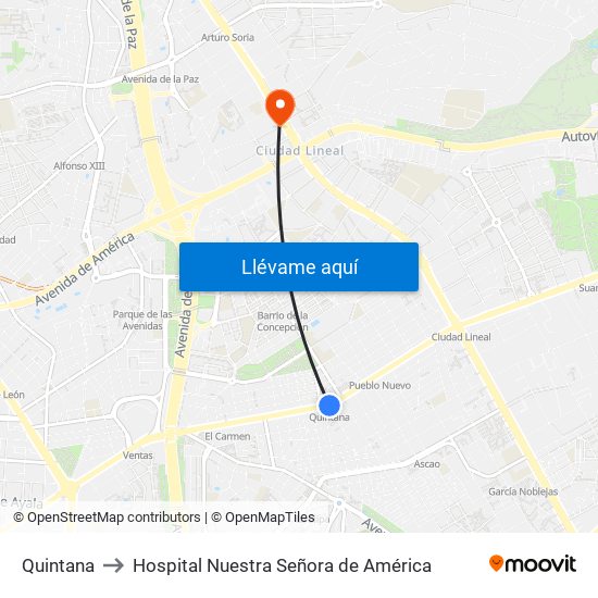 Quintana to Hospital Nuestra Señora de América map
