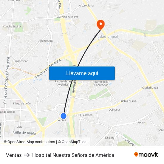 Ventas to Hospital Nuestra Señora de América map
