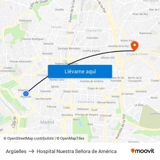 Argüelles to Hospital Nuestra Señora de América map