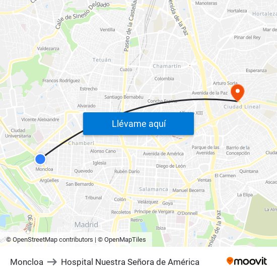 Moncloa to Hospital Nuestra Señora de América map