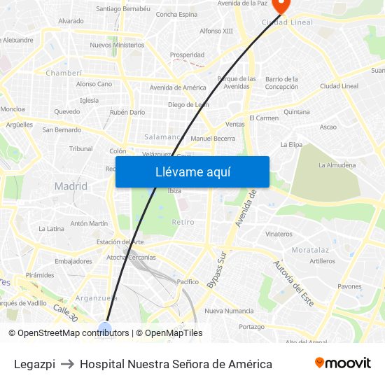 Legazpi to Hospital Nuestra Señora de América map