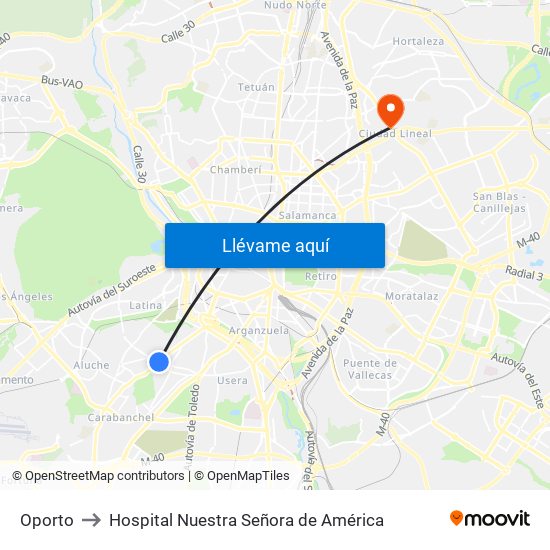 Oporto to Hospital Nuestra Señora de América map