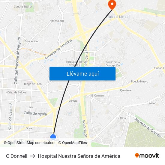 O'Donnell to Hospital Nuestra Señora de América map