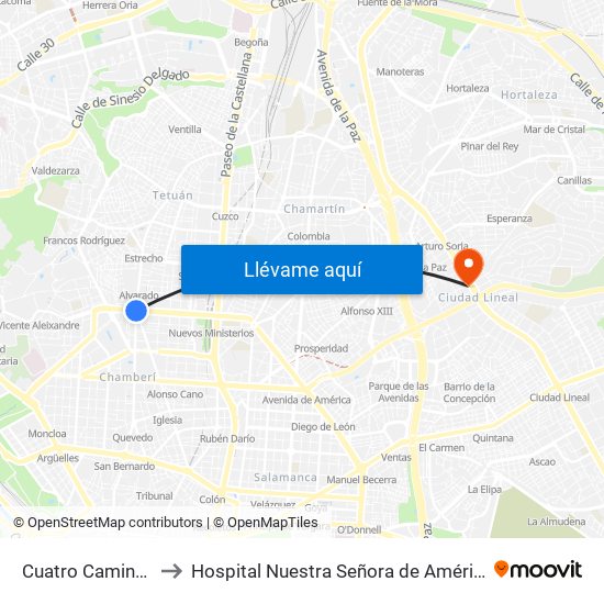 Cuatro Caminos to Hospital Nuestra Señora de América map