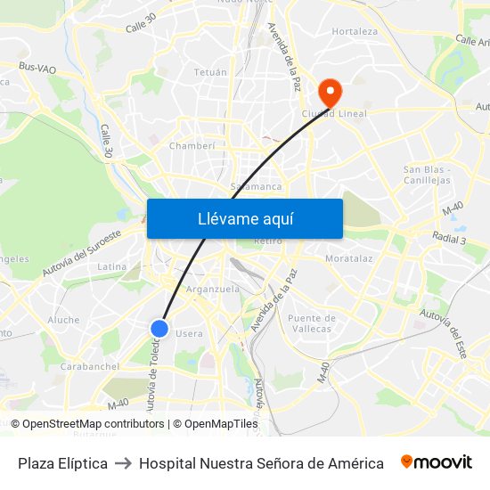 Plaza Elíptica to Hospital Nuestra Señora de América map