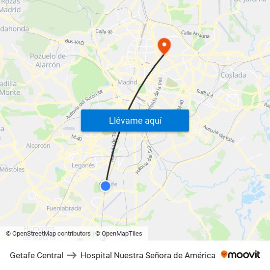 Getafe Central to Hospital Nuestra Señora de América map