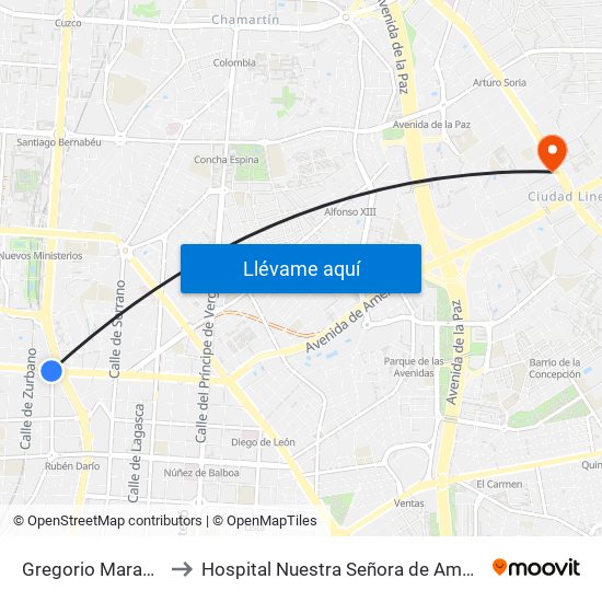 Gregorio Marañón to Hospital Nuestra Señora de América map