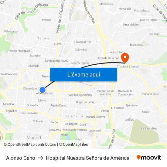 Alonso Cano to Hospital Nuestra Señora de América map