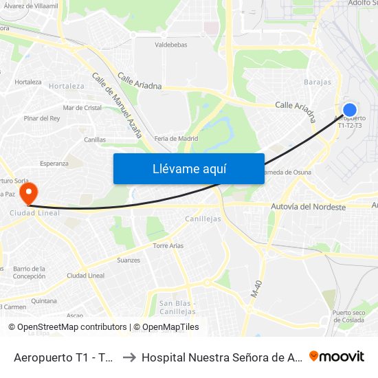 Aeropuerto T1 - T2 - T3 to Hospital Nuestra Señora de América map