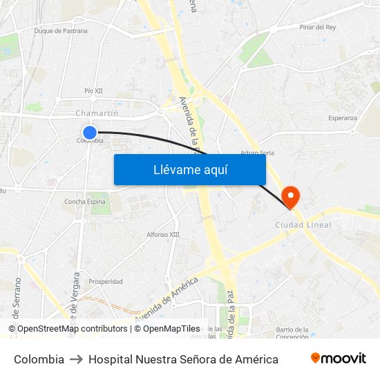 Colombia to Hospital Nuestra Señora de América map