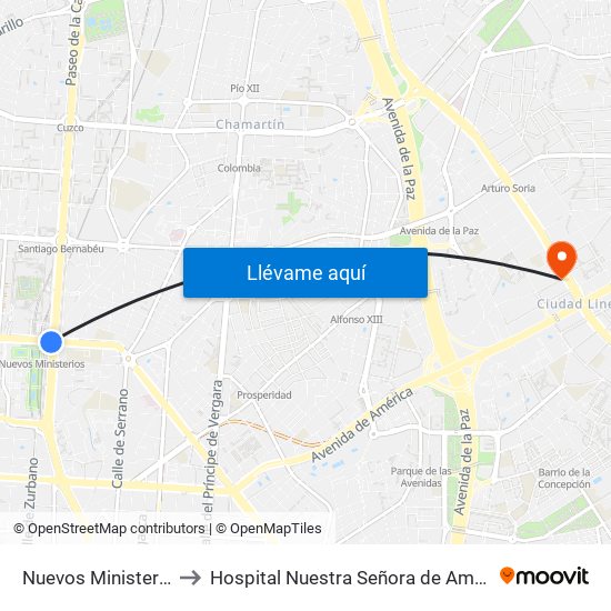 Nuevos Ministerios to Hospital Nuestra Señora de América map