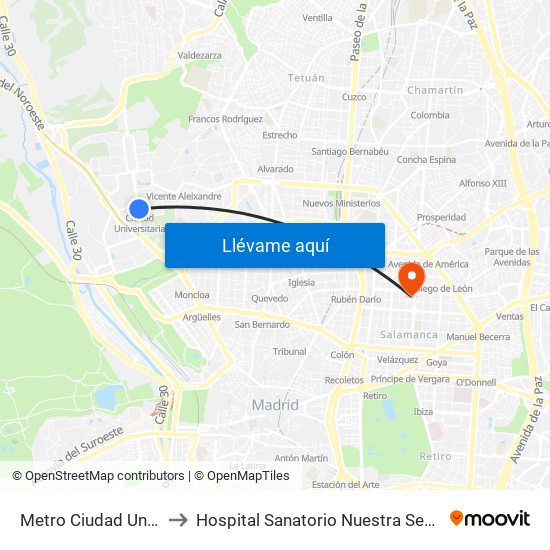 Metro Ciudad Universitaria to Hospital Sanatorio Nuestra Señora del Rosario map