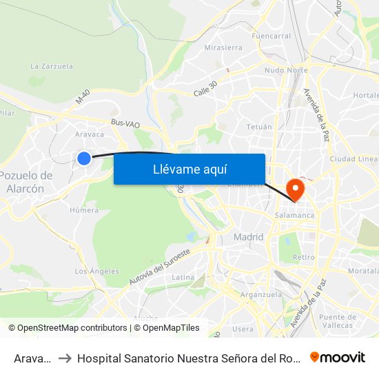 Aravaca to Hospital Sanatorio Nuestra Señora del Rosario map