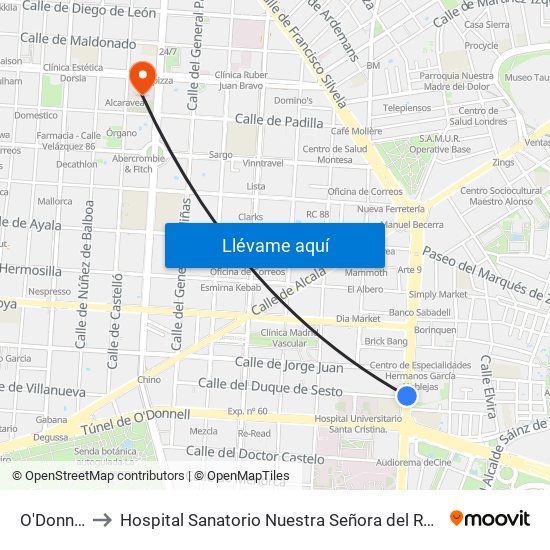 O'Donnell to Hospital Sanatorio Nuestra Señora del Rosario map