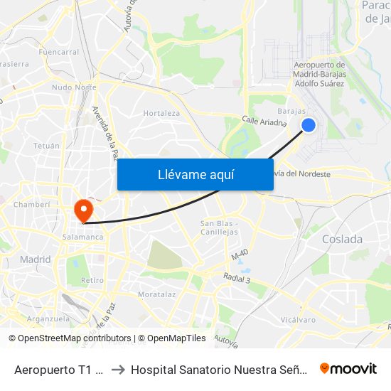 Aeropuerto T1 - T2 - T3 to Hospital Sanatorio Nuestra Señora del Rosario map
