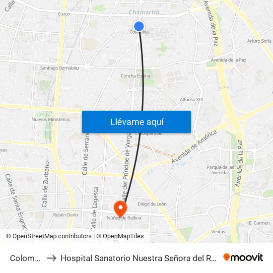 Colombia to Hospital Sanatorio Nuestra Señora del Rosario map