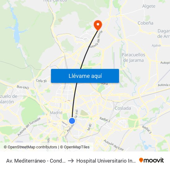 Av. Mediterráneo - Conde De Casal to Hospital Universitario Infanta Sofía map