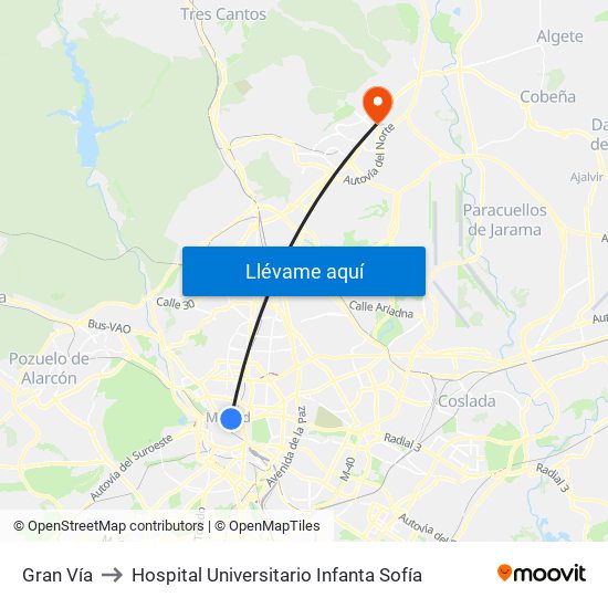 Gran Vía to Hospital Universitario Infanta Sofía map