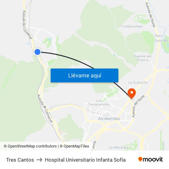 Tres Cantos to Hospital Universitario Infanta Sofía map