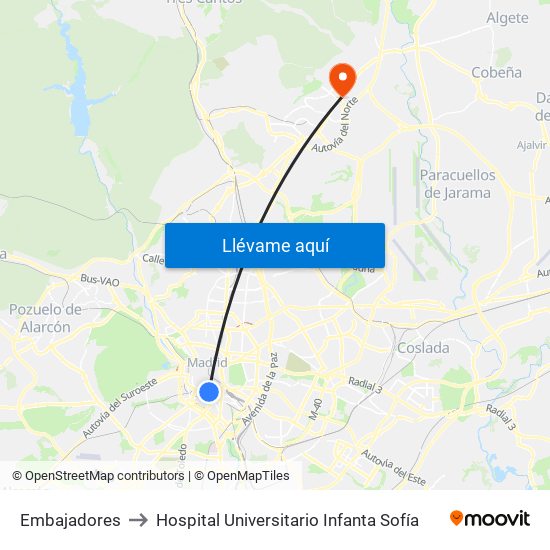 Embajadores to Hospital Universitario Infanta Sofía map