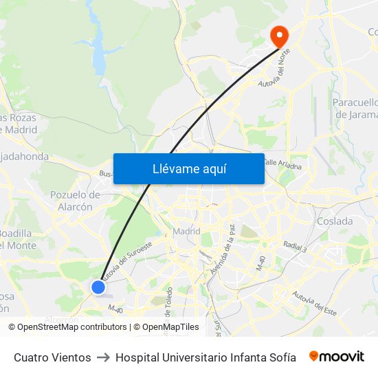 Cuatro Vientos to Hospital Universitario Infanta Sofía map