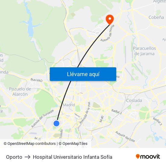 Oporto to Hospital Universitario Infanta Sofía map