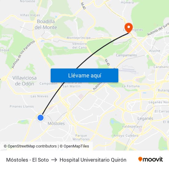 Móstoles - El Soto to Hospital Universitario Quirón map