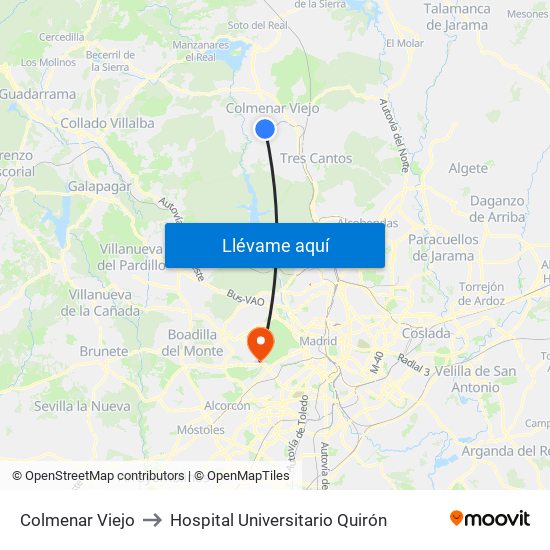 Colmenar Viejo to Hospital Universitario Quirón map