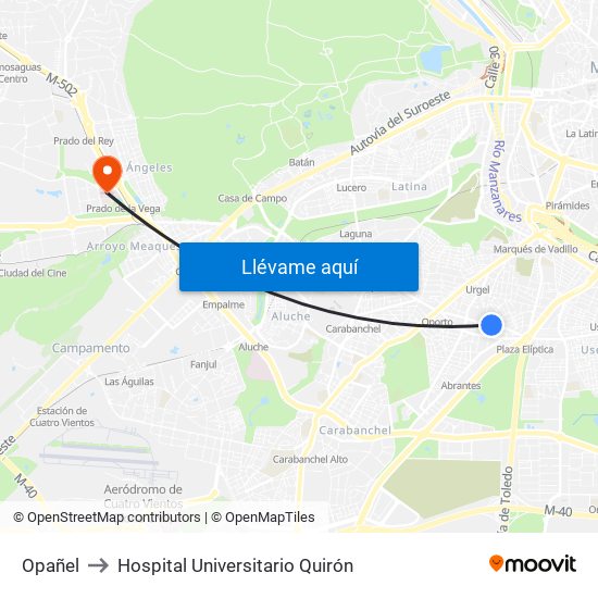 Opañel to Hospital Universitario Quirón map
