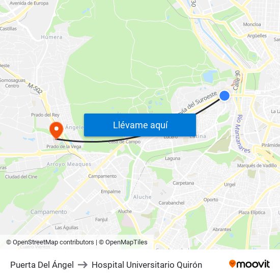 Puerta Del Ángel to Hospital Universitario Quirón map