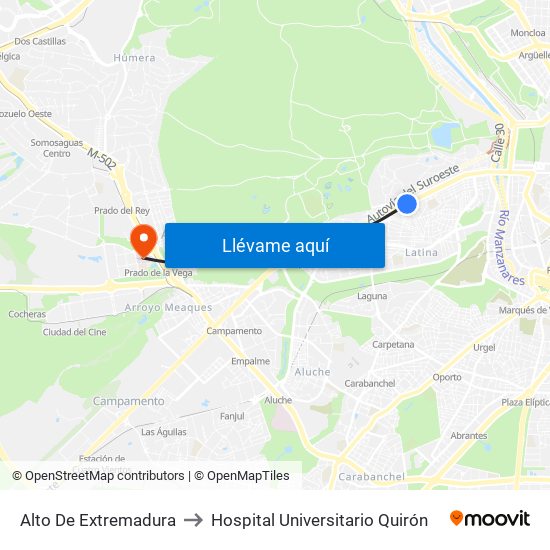 Alto De Extremadura to Hospital Universitario Quirón map