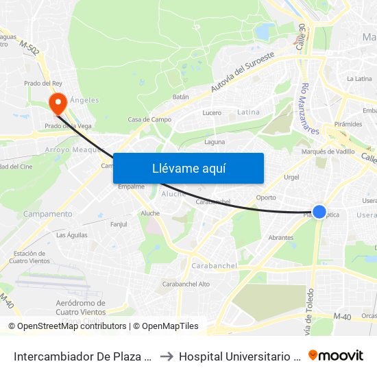 Intercambiador De Plaza Elíptica to Hospital Universitario Quirón map