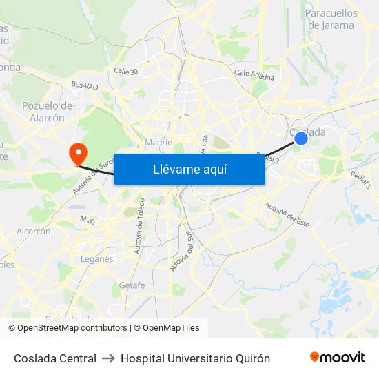 Coslada Central to Hospital Universitario Quirón map