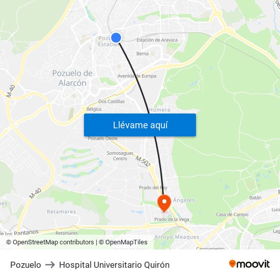 Pozuelo to Hospital Universitario Quirón map