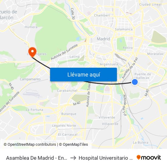 Asamblea De Madrid - Entrevías to Hospital Universitario Quirón map