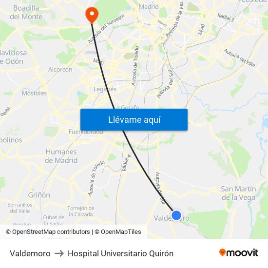 Valdemoro to Hospital Universitario Quirón map