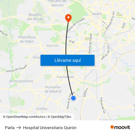 Parla to Hospital Universitario Quirón map