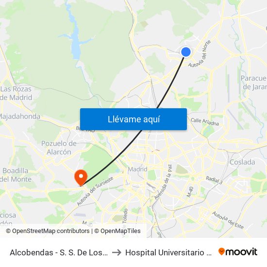 Alcobendas - S. S. De Los Reyes to Hospital Universitario Quirón map