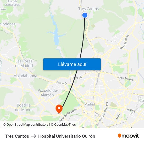 Tres Cantos to Hospital Universitario Quirón map