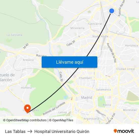 Las Tablas to Hospital Universitario Quirón map