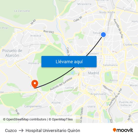 Cuzco to Hospital Universitario Quirón map