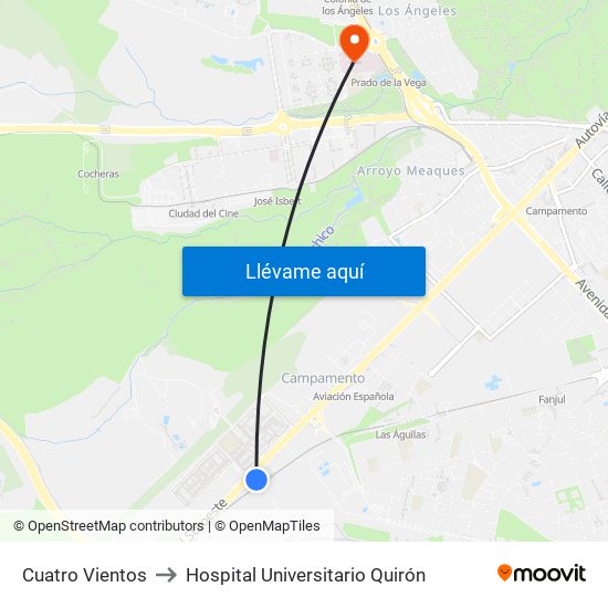 Cuatro Vientos to Hospital Universitario Quirón map