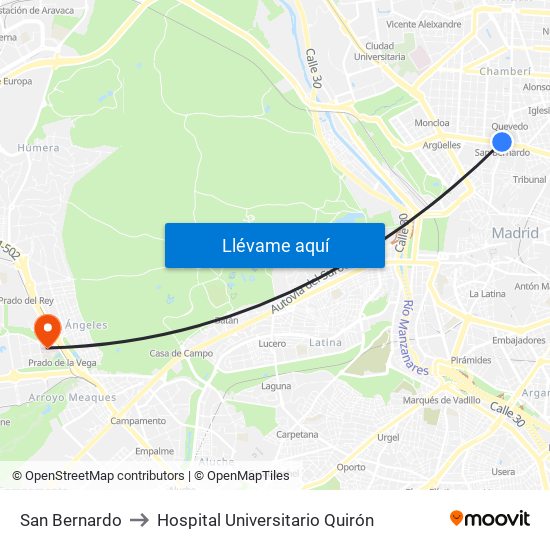 San Bernardo to Hospital Universitario Quirón map