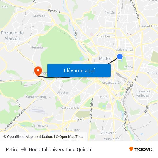 Retiro to Hospital Universitario Quirón map