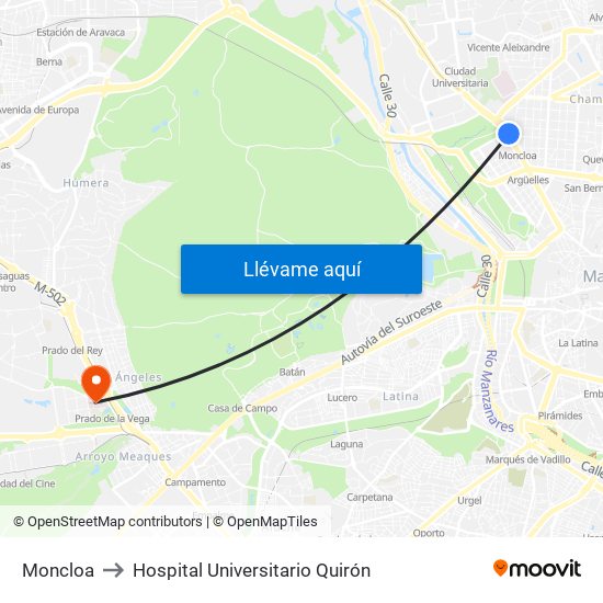 Moncloa to Hospital Universitario Quirón map