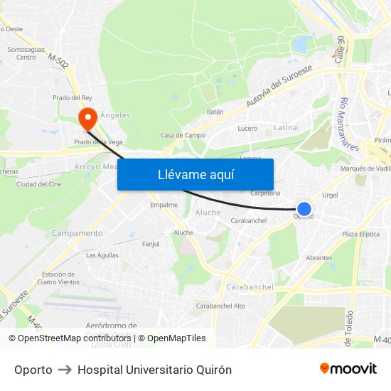 Oporto to Hospital Universitario Quirón map