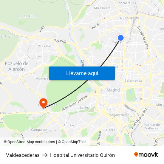 Valdeacederas to Hospital Universitario Quirón map